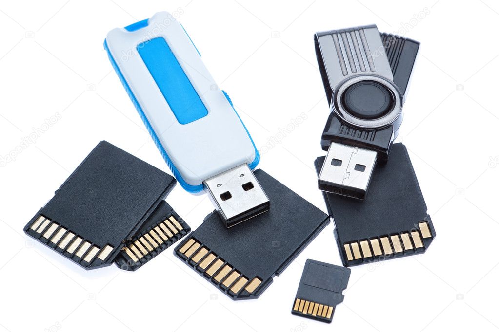 Drives and memory stick. On a white background.