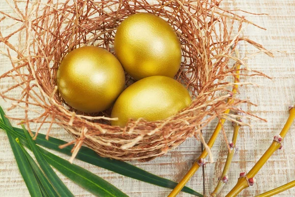 Guld ägg i boet. koncept för påsk. — Stockfoto