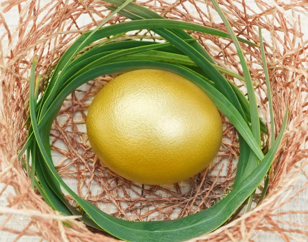 Ovo de Páscoa dourado em um ninho . — Fotografia de Stock