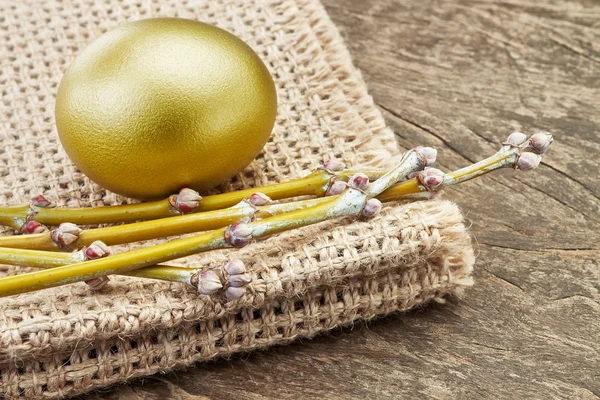 Easter golden egg on sacking the branches with buds. — Stock Photo, Image