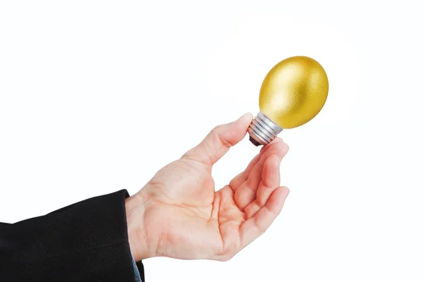 The hand holds golden egg with a piece of Electric lamp. On a wh — Stock Photo, Image