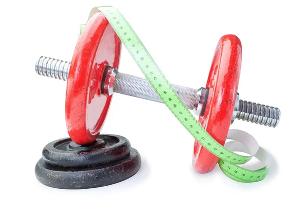 Meter voor metingen op halters voor fitness. op een witte achtergrond. — Stockfoto