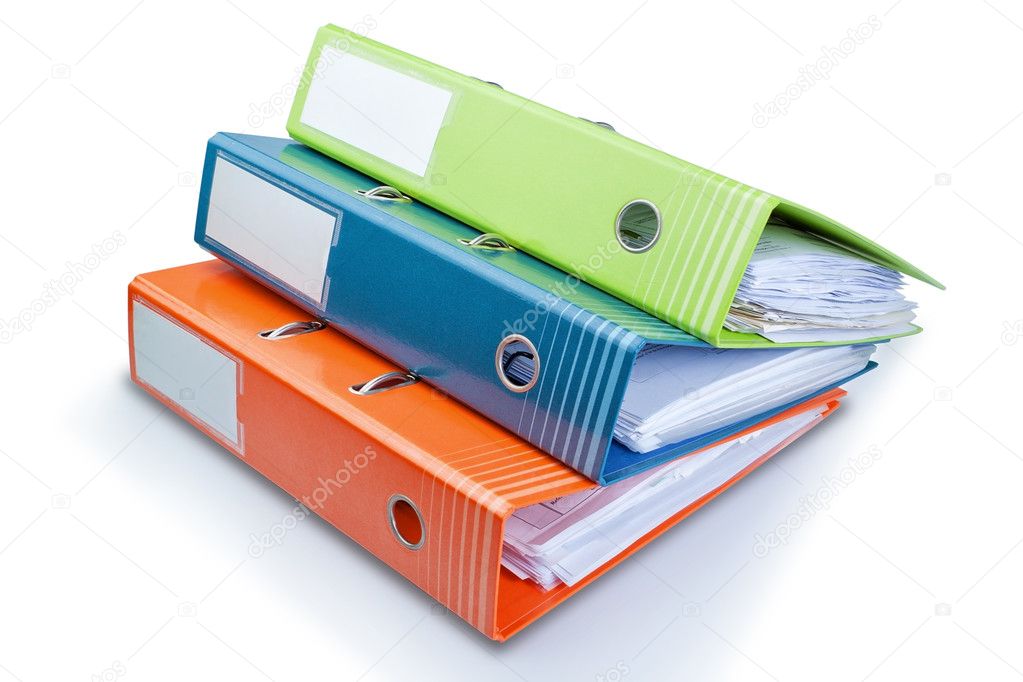 Stationery Office folder on the table with papers. On a white background.