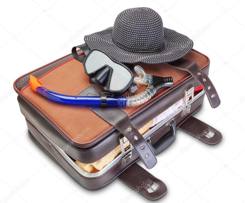 Travel set on suitcase snorkel mask Panama. On a white background.