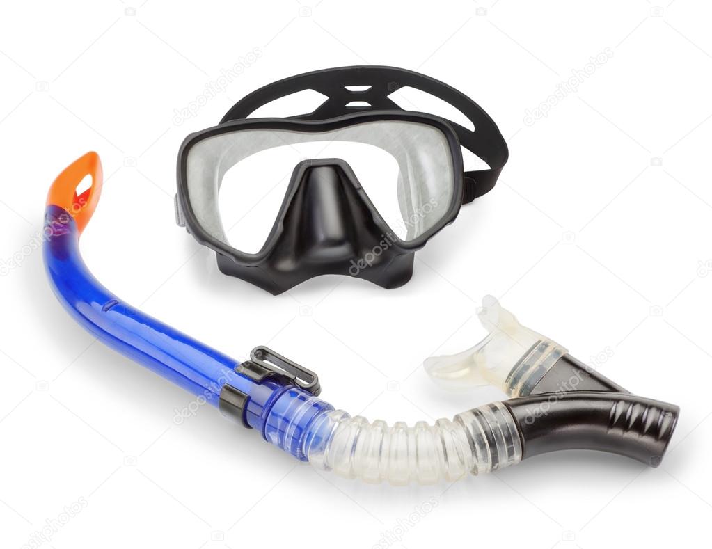 Mask and snorkel diving and spearfishing. On a white background.