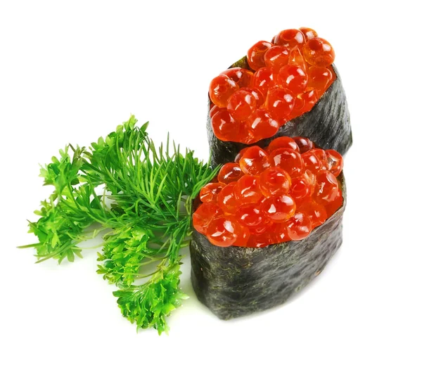 Decoratieve schotel sushi kaviaar close-up. op een witte achtergrond. — Stockfoto