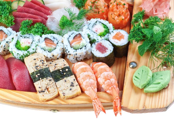 Festlegen Sie Gruppe von exotischen Essen Sushi, Tintenfisch. close-up. — Stockfoto