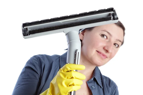 Mujer alegre, ama de casa de mediana edad se prepara para la limpieza de la casa — Foto de Stock