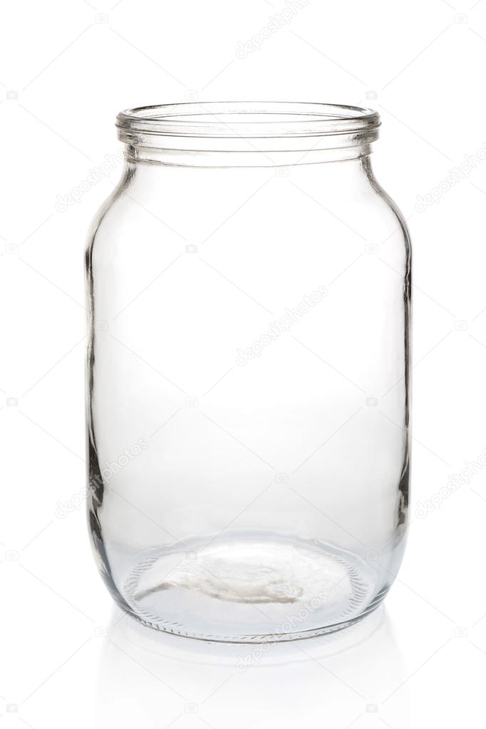 Glass jar one liter empty on white background.