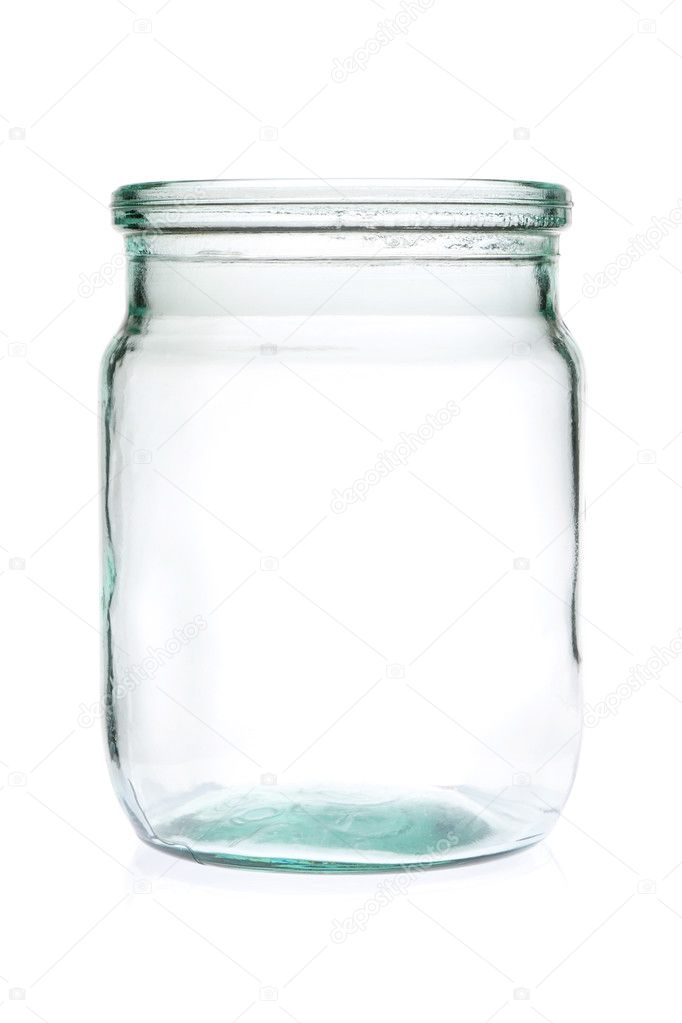 Glass jar half liter empty on a white background.