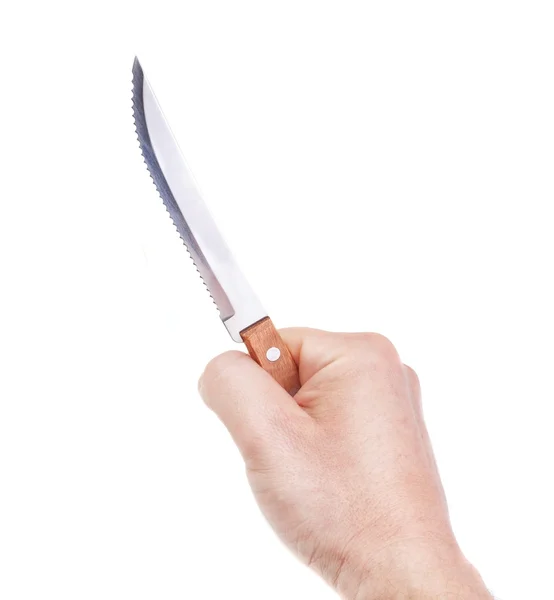 Tabell kniv i en mans hand. på en vit bakgrund. — Stockfoto