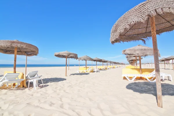 Parasols en bois et chaises longues sur la plage . — Photo