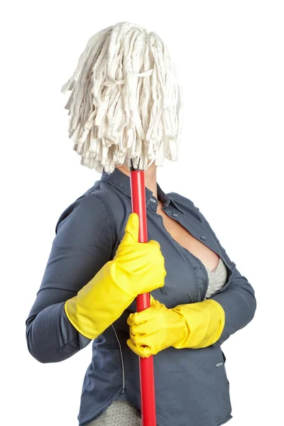 A woman in a funny pose housewife mop instead of a face. On a wh — Stock Photo, Image