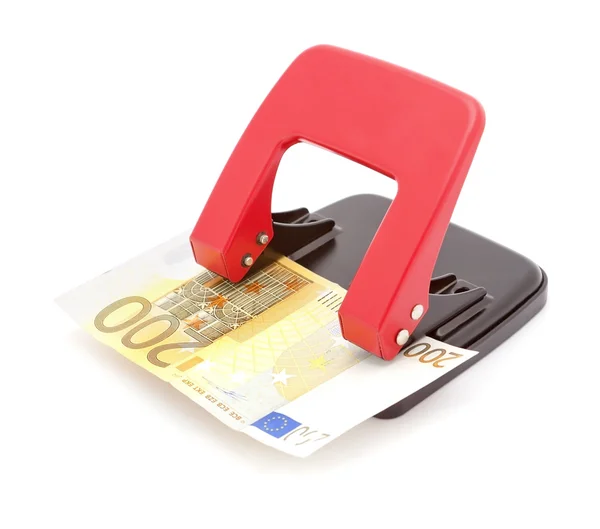 Två hundra euro pengar i hole punch enheten. Bank- och finan — Stockfoto