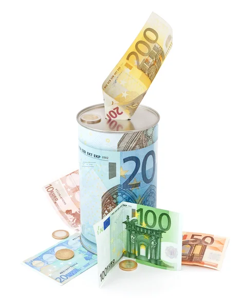 Metalowa Skarbonka z symboli euro oszczędności. na białym — Zdjęcie stockowe