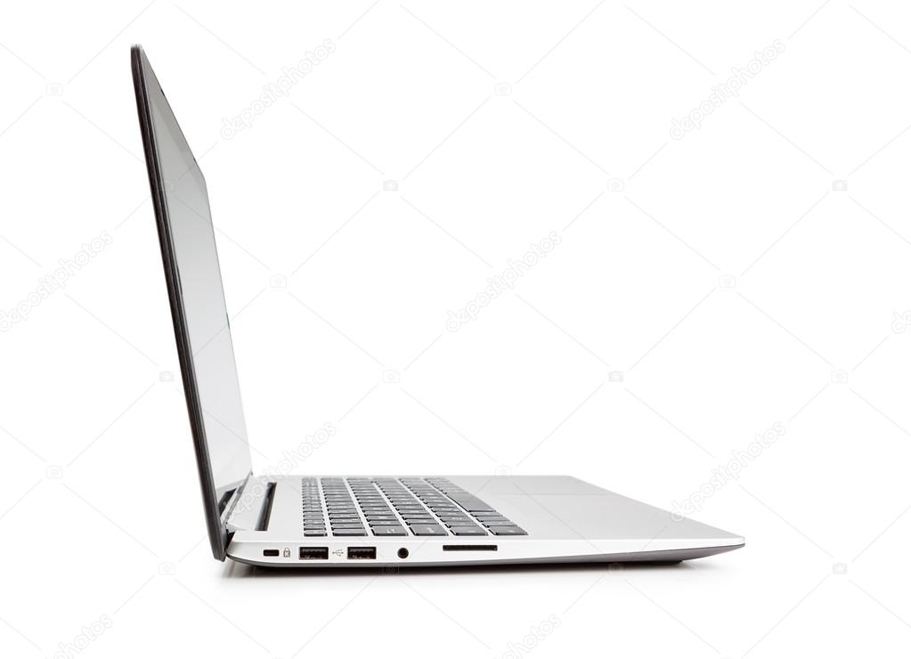 Modern laptop side view, on white background.