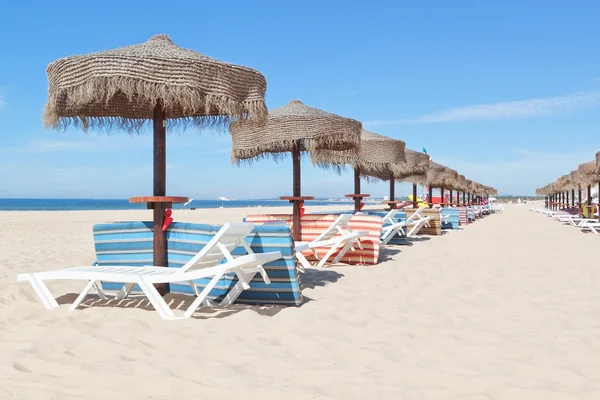 Playa soleada en portugal con una línea de paraguas cerca del mar. s —  Fotos de Stock