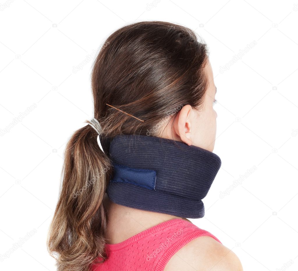 Girl with a neck injury, osteochondrosis collar to prevent and p