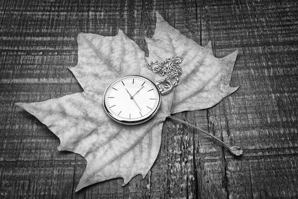 Antiguo reloj de bolsillo en la hoja de otoño. el símbolo de la nostalgia. —  Fotos de Stock