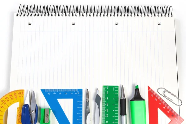 A set of office tools on the notebook to take notes. Frame for n — Stock Photo, Image