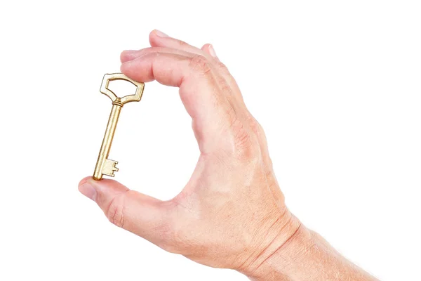 Goldene Schlüssel in Hand-Symbol des reichen Hauses. auf einem weißen TERGRU — Stockfoto