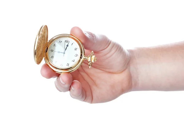 Antieke zakhorloge in zijn hand man. Close-up. — Stockfoto