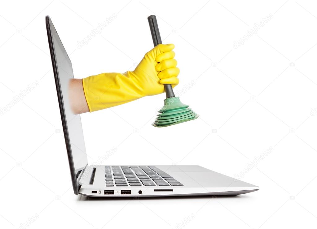 Plunger in hand the man out of the monitor. Cleaning system and