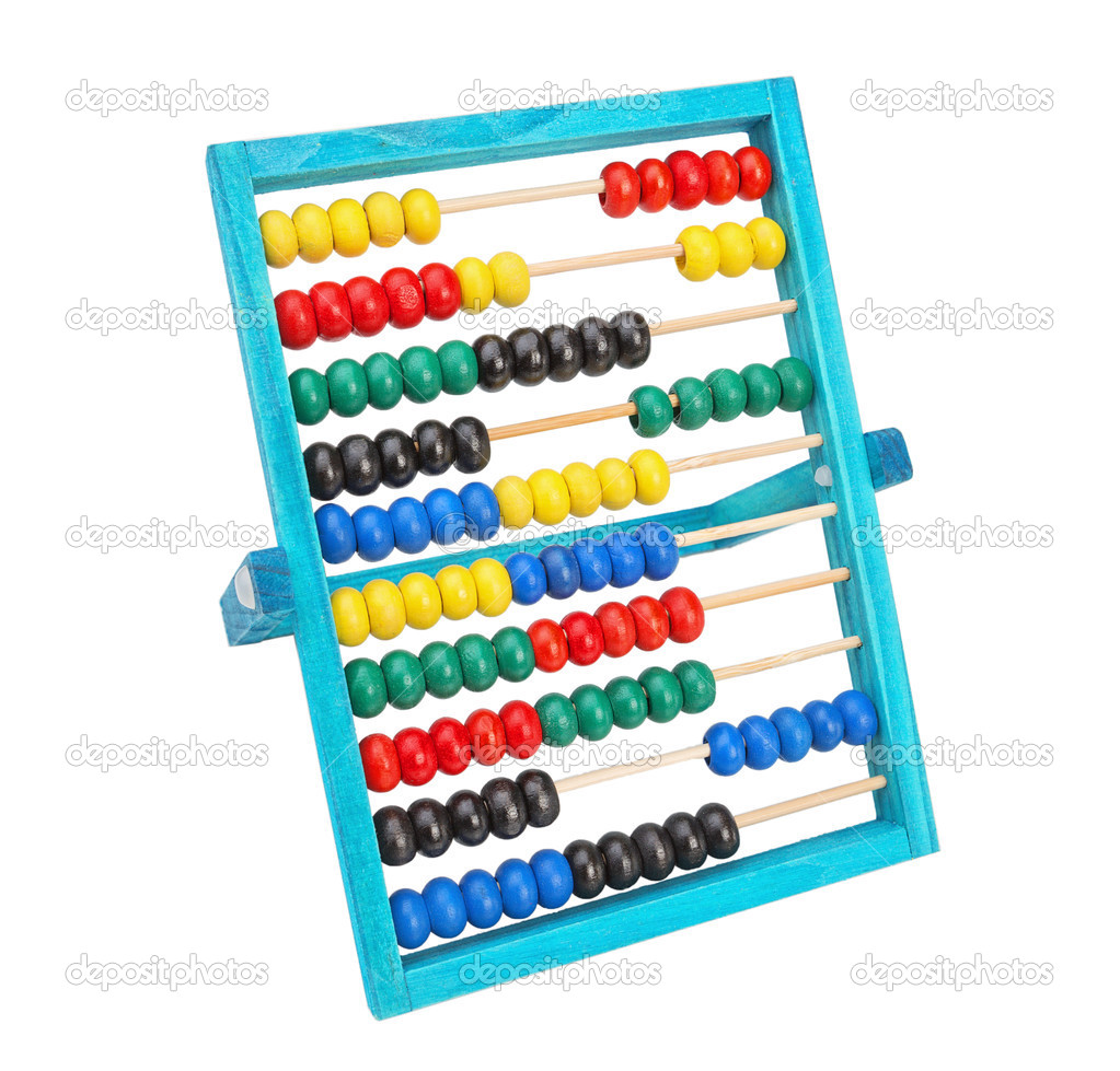 Old classic arithmetic abacus. Different colors on a white back