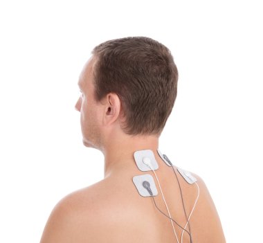 Man in profile makes electrostimulator massage for the neck. clipart