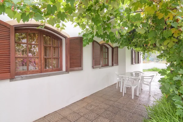 Vintage houten ramen van het huis, in de tuin van druivenmost verlaat. — Stockfoto