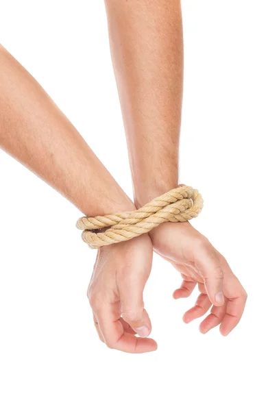 The man hands bound with a rope. Limitation of actions. — Stock Photo, Image