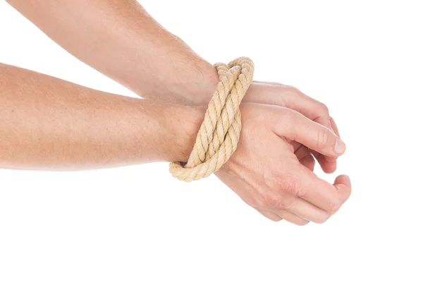 Limitation of movement at the hands tied with a rope. The man. — Stock Photo, Image