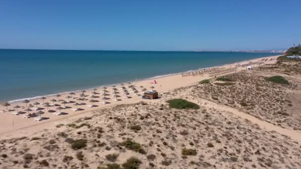 Vista aérea de las playas del complejo en las orillas de las dunas de arena. Paraguas y tumbonas para turistas. — Vídeos de Stock