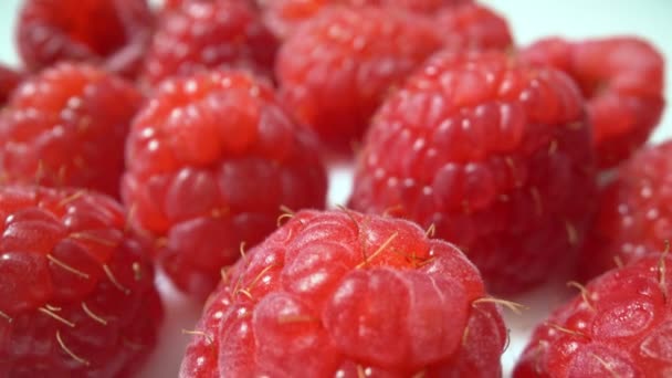 Ripe, fresh, natural raspberries, in extreme macro, close up. Movement forward, backward. — Stock Video