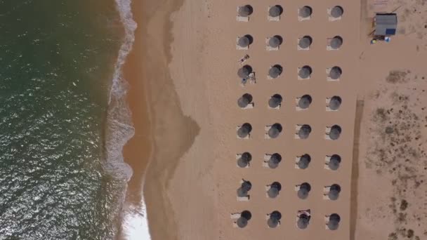 ポルトガルの海辺のリゾート地のトップの空中ビュー。パラソルとサンラウンジャーは黄色のビーチの上から下に位置しています。アルガルヴェ — ストック動画