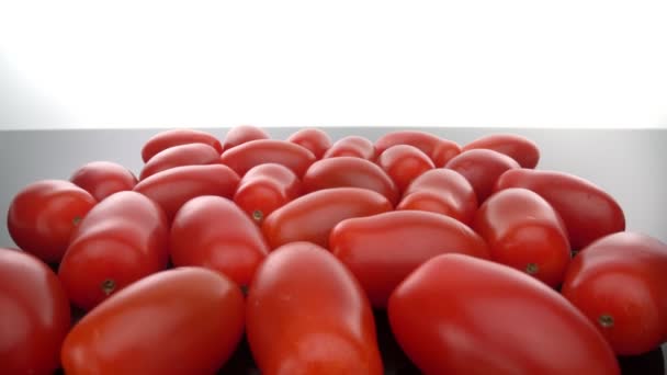 Maturare pomodori biologici rossi, di fila, su una superficie di vetro liscia. Andiamo avanti, indietro. Macro estremo. — Video Stock