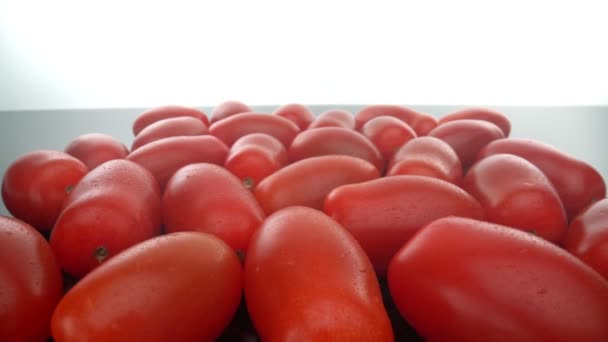 Pürüzsüz cam bir yüzey üzerinde olgun kırmızı biyolojik domatesler. İleri doğru, geriye doğru. Ekstrem makro. — Stok video