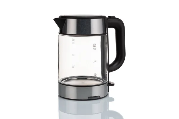 Glass, electric, modern transparent kettle on a white background. Close-up. — Stock Photo, Image