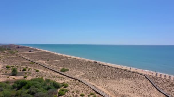 Nagranie z dronów lotniczych, strzelanie do wydm z drewnianymi ścieżkami do morza. Portugalia, Algarve. — Wideo stockowe