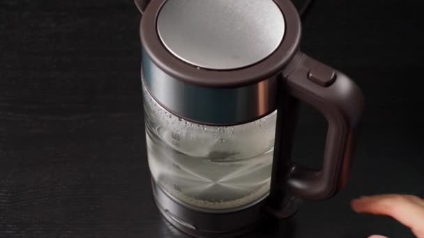 La main prend une bouilloire électrique en verre pour faire bouillir l'eau, pour les boissons, le thé ou le café. Sur fond noir. — Video