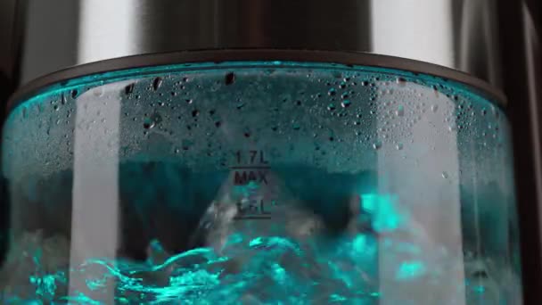 Agua hirviendo para una bebida, té y café, en un hervidor de agua de vidrio eléctrico, con luces azules. Primer plano. Sobre un fondo negro. — Vídeo de stock