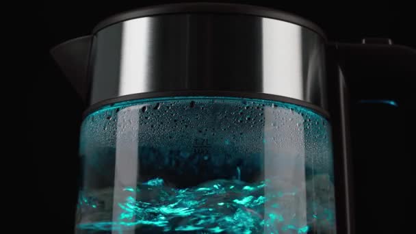 Faire bouillir de l'eau pour une boisson, du thé et du café, dans une bouilloire électrique en verre, avec des lumières bleues. Gros plan. Sur fond noir. — Video