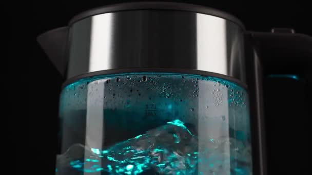 L'eau bouillante dans une bouilloire électrique en verre monte en bulles au ralenti. Avec rétroéclairage bleu sur fond noir. — Video