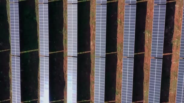 Вид с воздуха на гигантские поля с солнечными фотоэлектрическими батареями для создания чистой экологической электроэнергии. Плоский вид сверху. — стоковое видео