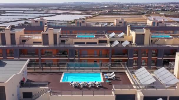 Aerial view of the urban area of portugal in the south of houses with modern infrastructure swimming pools overlooking the sea. Southern city of Portugal Olhao. — Stock Video