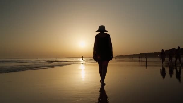 A silhueta de uma mulher em um vestido de verão e panamá caminha ao longo da praia na maré baixa ao pôr do sol. — Vídeo de Stock