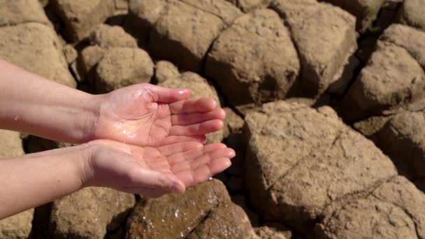Begreppet ekologisk katastrof med torka och brist på sötvatten i världen. Rent vatten rinner i handen mot bakgrund av sandig sprucken jord. — Stockvideo
