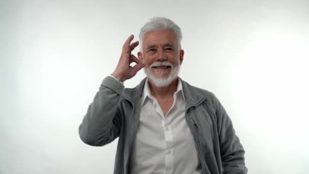 Stilvoller alter Mann mit grauem Bart und Haaren zeigt eine Geste, bei der alles in Ordnung ist. Trendfigur im Ruhestand. — Stockvideo