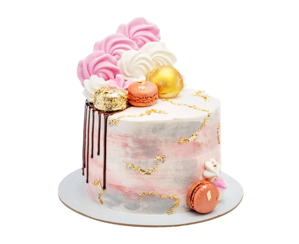Vacker Födelsedagstårta Med Marshmallows Och Högar Choklad Och Makaroner Vit — Stockfoto