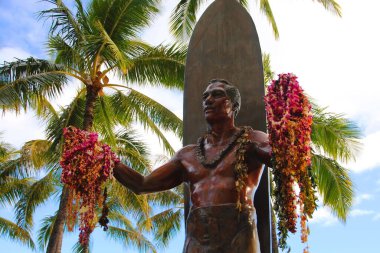 Duke Kahanamoku iconic statue. Duke is considered The father of modern surfing, a master of swimming, surfing and outrigger canoe paddling.